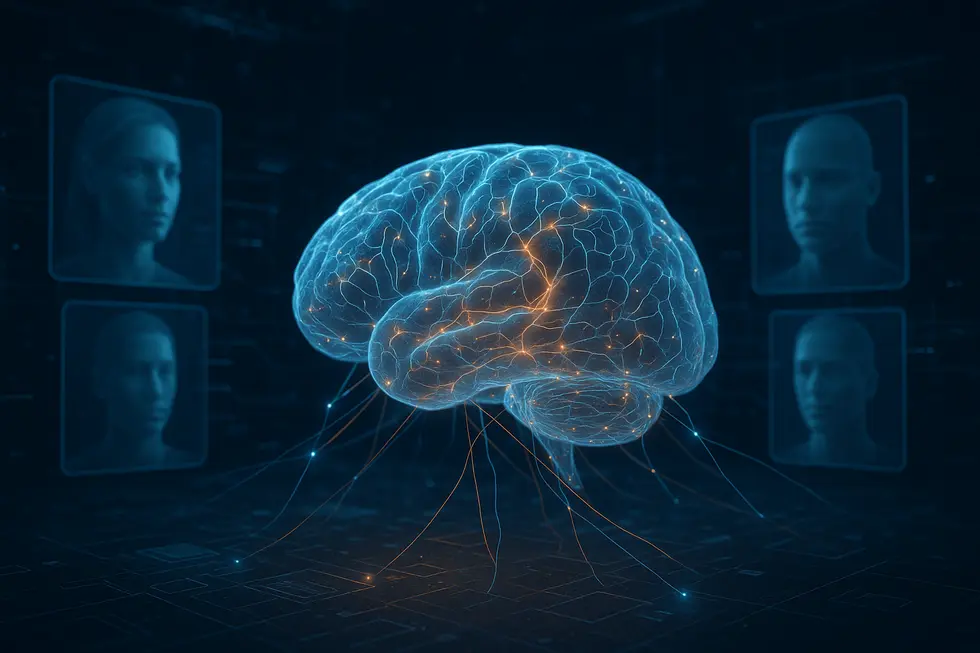 AI brain with neural networks and digital human faces, reflecting AI advancements.