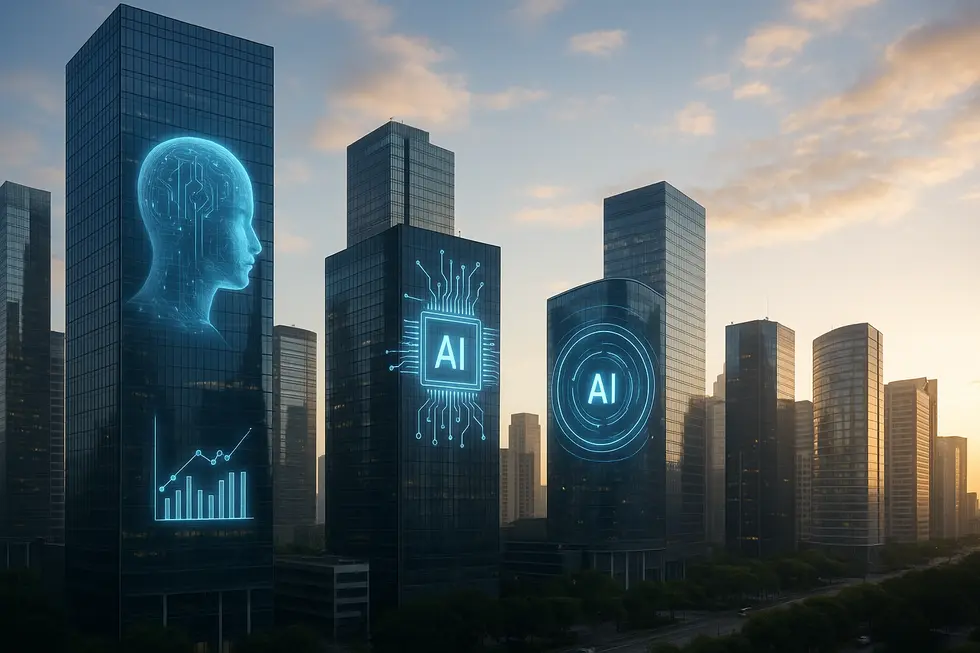 A futuristic city skyline with illuminated AI interfaces on skyscraper exteriors.