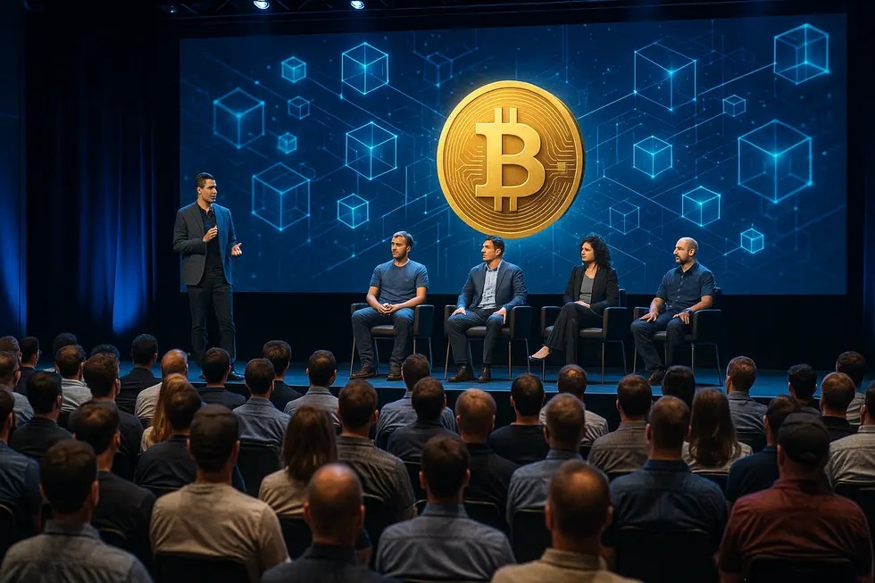 Crypto market trading floor with Bitcoin at record highs.