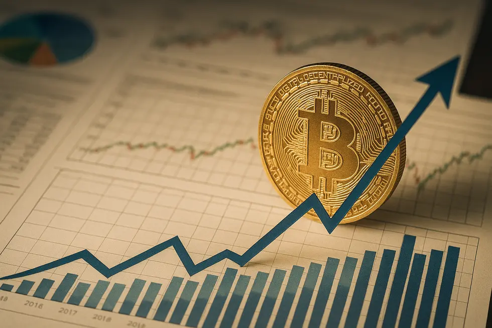 Bitcoin symbol dominating financial charts, symbolizing projected market growth.