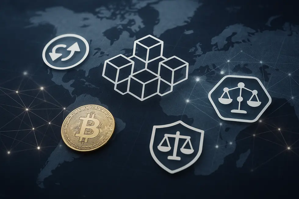 Collage displaying blockchain elements like exchanges, networks, and regulation over a world map.