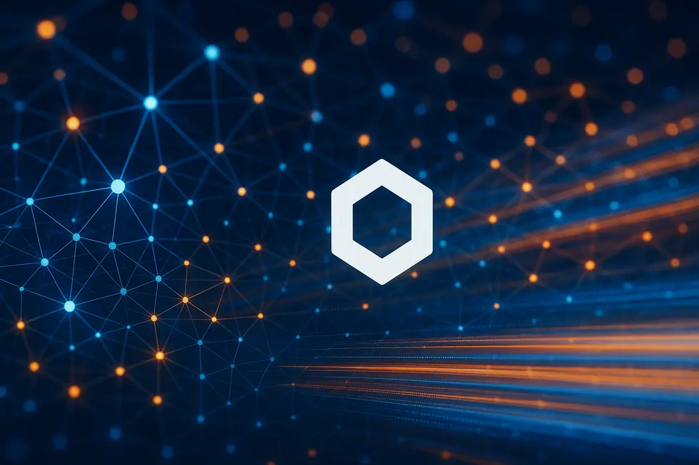 Depicts Chainlink’s dynamic ecosystem growth with interconnected blockchain nodes.