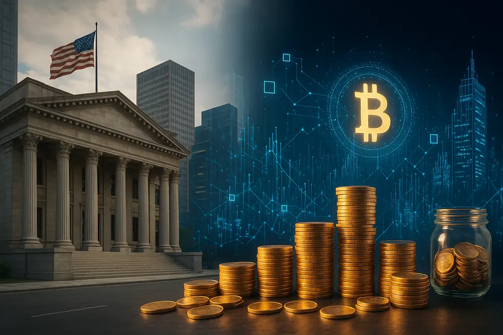 A panoramic image displaying elements of digital currencies alongside traditional financial symbols.