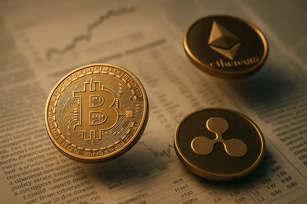 A digital currency collage floating against a financial newspaper background, signifying market dynamics.