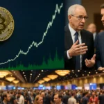 Bitcoin graph, policymakers, and a conference scene depicting the vitality of the crypto industry.