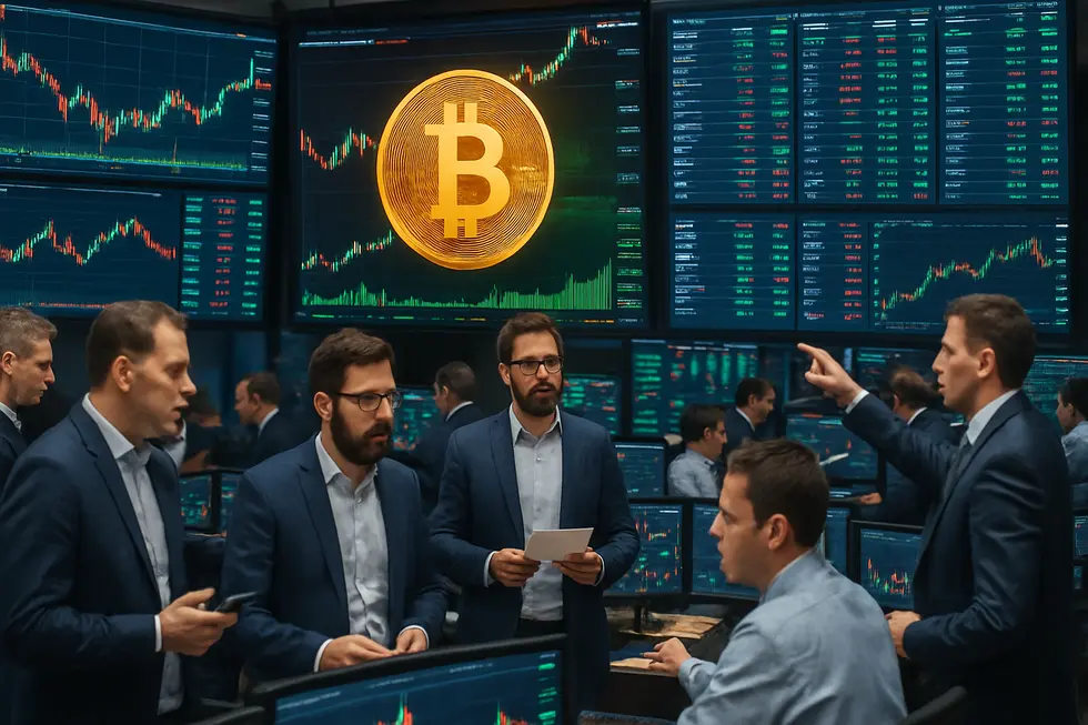 Crypto market trading floor with Bitcoin at record highs.