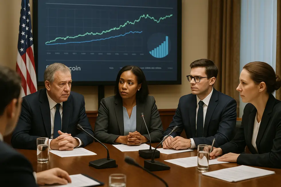 Crypto market trading floor with Bitcoin at record highs.