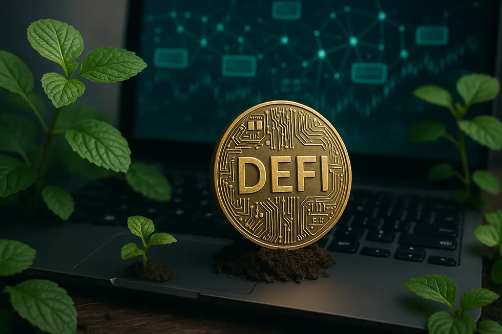 A digital-financial landscape illustrating the intersection of technology and finance in DeFi.