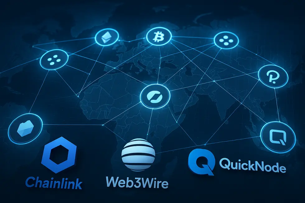 Depicts Chainlink’s dynamic ecosystem growth with interconnected blockchain nodes.