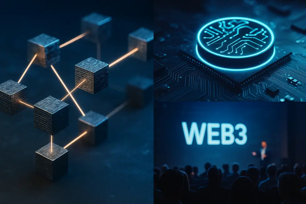 A futuristic collage showing key Web3 developments and innovations in blockchain networks and discussions.