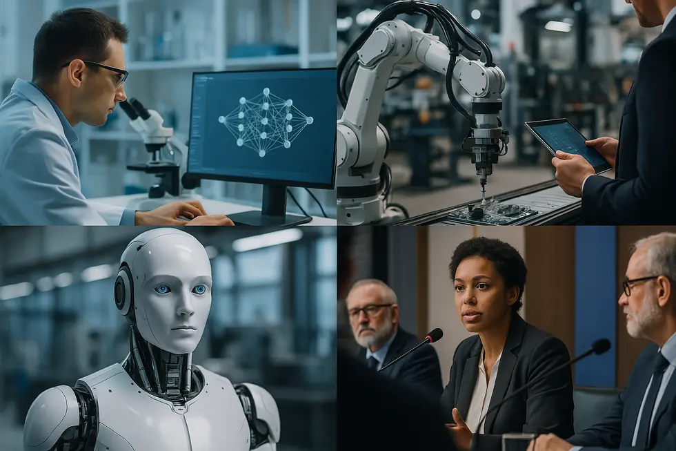 Collage of AI research labs, industry, and ethical debate scenes.