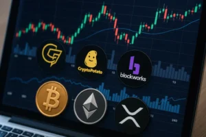 An illustrated digital interface showing charts and crypto symbols representing market trends and insights.