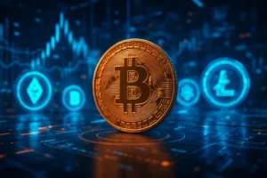 An image of digital currency symbols against a high-tech backdrop.