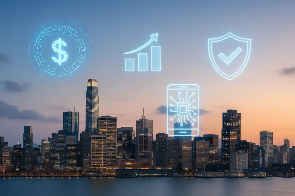 Panoramic image of a city skyline with digital holograms representing fintech themes of innovation and regulation.