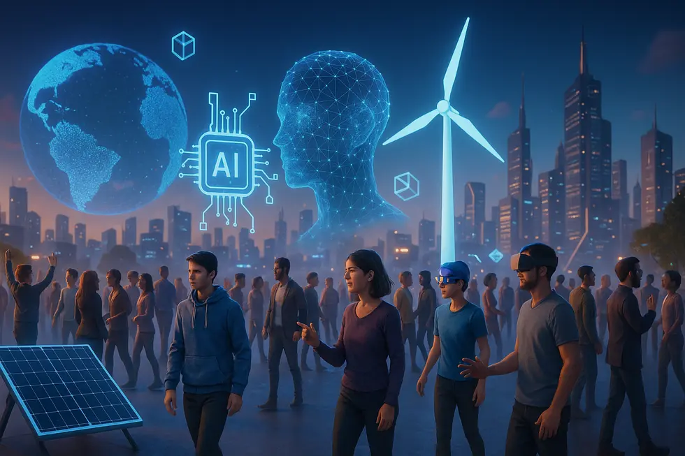 Wide-angle shot of an active metaverse city with avatars and tech elements.