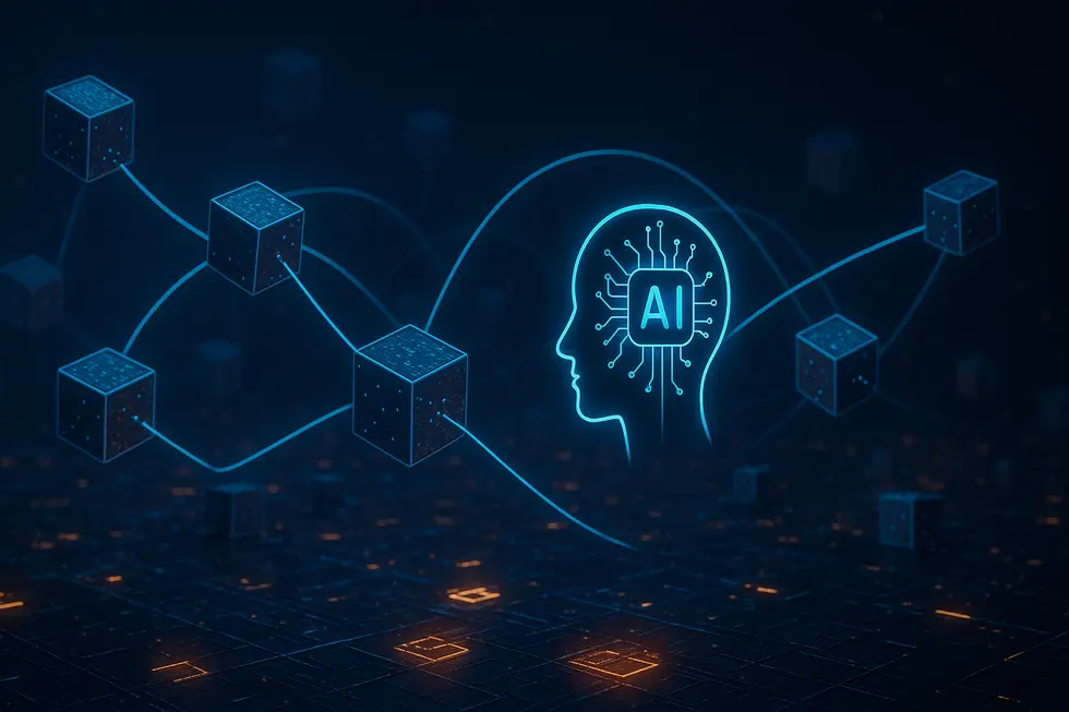 Interconnected blockchain nodes with AI integration representing recent Web3 developments.