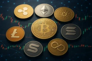 Crypto logos with detailed charts and network nodes illustrating market trends.